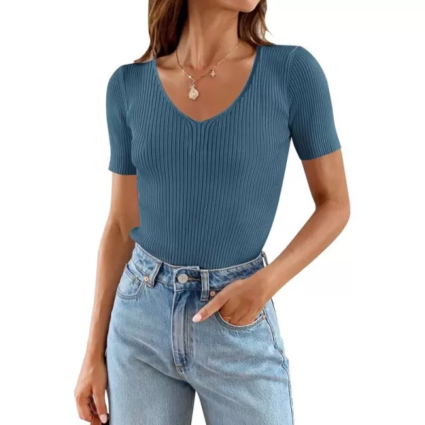 ZESICA Women's 2023 Short Sleeve V Neck Slim Fit T Shirts Summer Casual Ribbed Knit Solid Color Basic Tee Tops