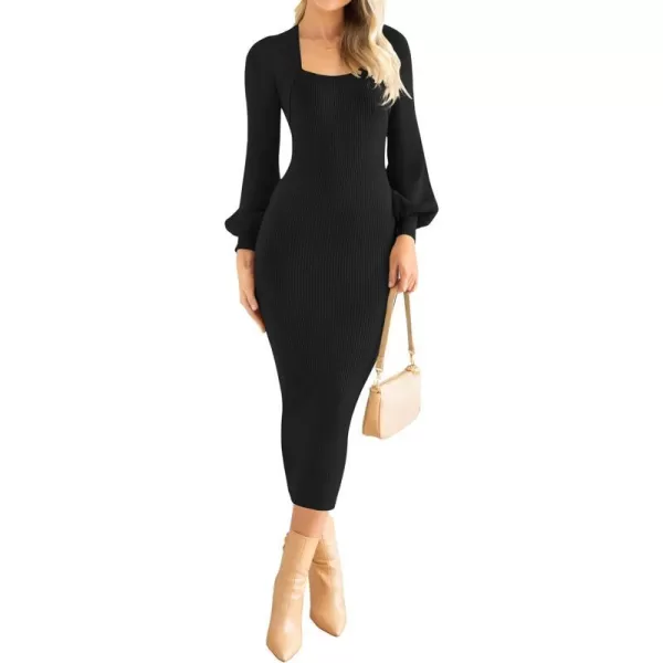 imageZESICA Womens 2023 Square Neck Sweater Dress Puff Long Sleeve Slim Fit Bodycon Fall Winter Ribbed Knit DresssBlack