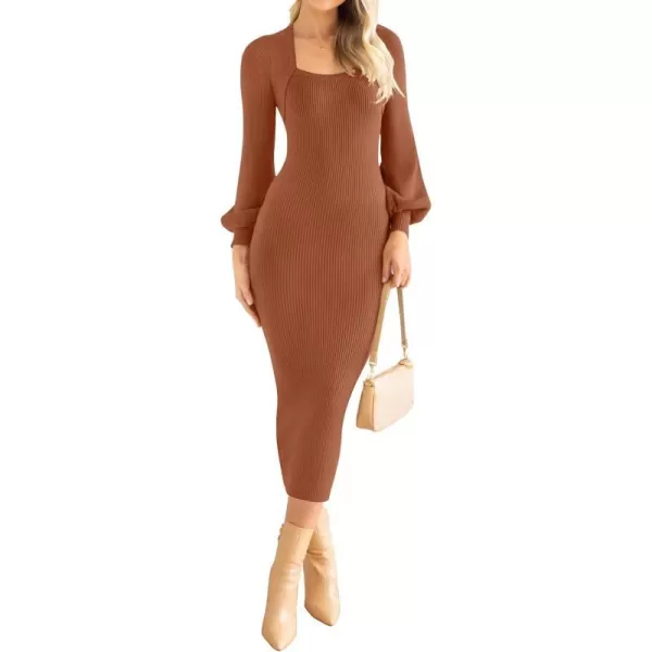 imageZESICA Womens 2023 Square Neck Sweater Dress Puff Long Sleeve Slim Fit Bodycon Fall Winter Ribbed Knit DresssCoffee