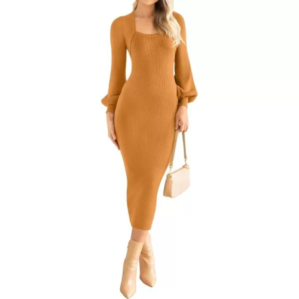 imageZESICA Womens 2023 Square Neck Sweater Dress Puff Long Sleeve Slim Fit Bodycon Fall Winter Ribbed Knit DresssGoldentea