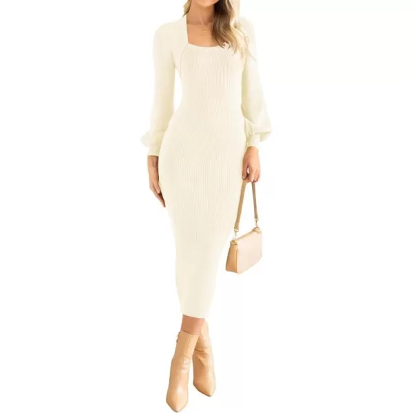 imageZESICA Womens 2023 Square Neck Sweater Dress Puff Long Sleeve Slim Fit Bodycon Fall Winter Ribbed Knit DresssIvory