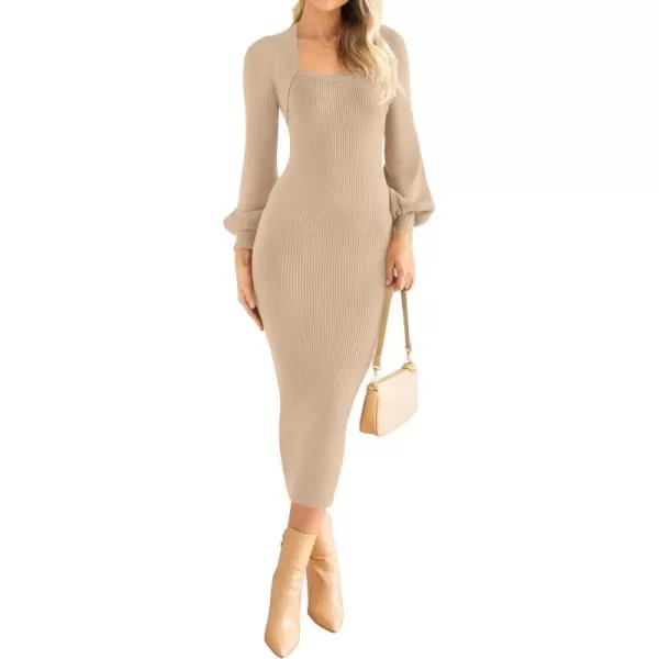 imageZESICA Womens 2023 Square Neck Sweater Dress Puff Long Sleeve Slim Fit Bodycon Fall Winter Ribbed Knit DresssLightkhaki