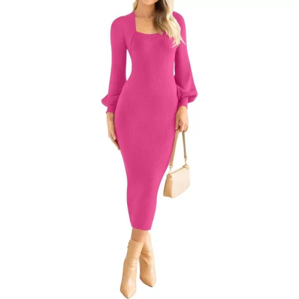 imageZESICA Womens 2023 Square Neck Sweater Dress Puff Long Sleeve Slim Fit Bodycon Fall Winter Ribbed Knit DresssRose