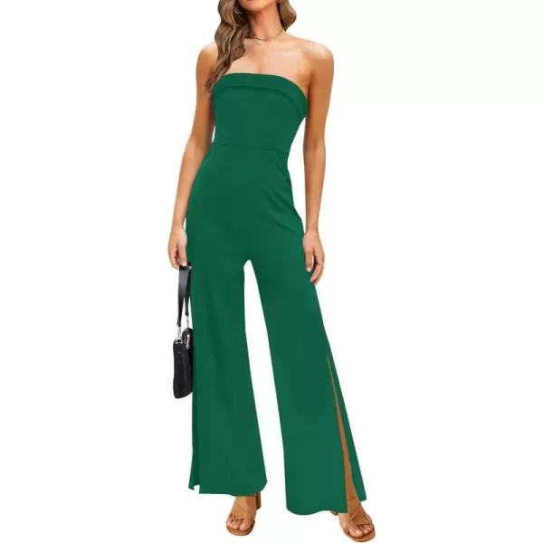 imageZESICA Womens 2023 Strapless Jumpsuit Casual Off Shoulder High Waist Wide Leg Side Slit Long Romper Playsuits with PocketsDarkgreen