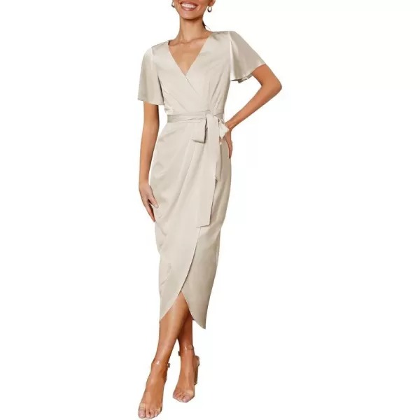 imageZESICA Womens 2023 Summer Bodycon Dress Satin V Neck Short Sleeve Ruched Tie Waist Wrap Split Cocktail Party Midi DressesApricot