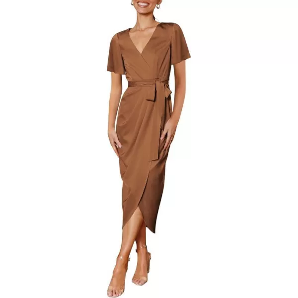 imageZESICA Womens 2023 Summer Bodycon Dress Satin V Neck Short Sleeve Ruched Tie Waist Wrap Split Cocktail Party Midi DressesCaramel
