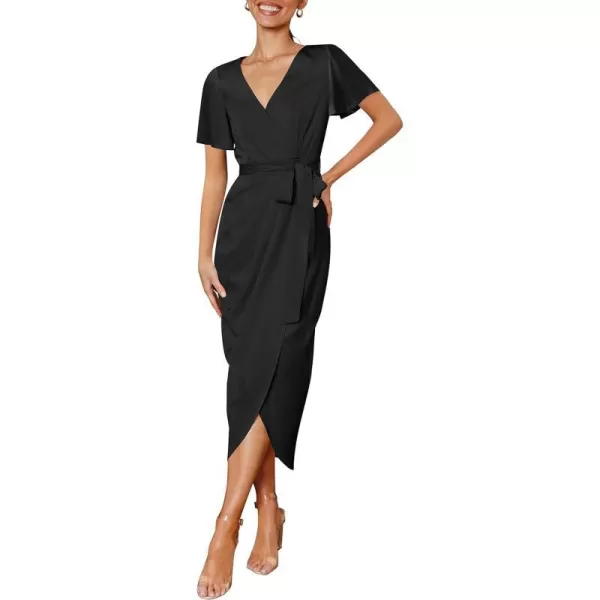 imageZESICA Womens 2023 Summer Bodycon Dress Satin V Neck Short Sleeve Ruched Tie Waist Wrap Split Cocktail Party Midi DressesDarkblack