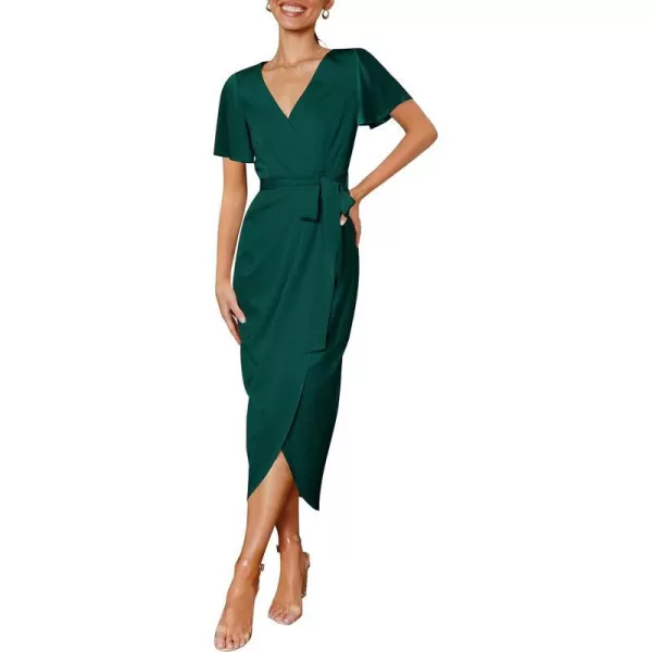 imageZESICA Womens 2023 Summer Bodycon Dress Satin V Neck Short Sleeve Ruched Tie Waist Wrap Split Cocktail Party Midi DressesGreen