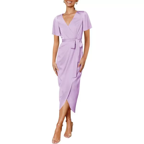 imageZESICA Womens 2023 Summer Bodycon Dress Satin V Neck Short Sleeve Ruched Tie Waist Wrap Split Cocktail Party Midi DressesLavender