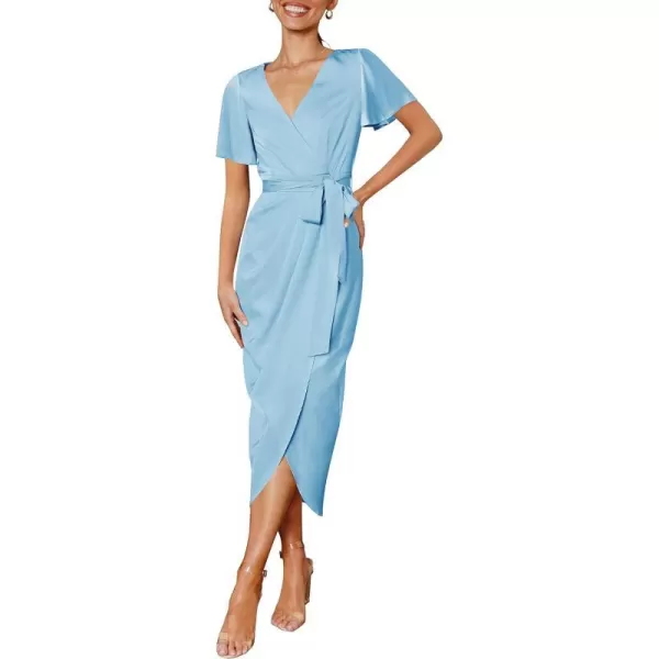 imageZESICA Womens 2023 Summer Bodycon Dress Satin V Neck Short Sleeve Ruched Tie Waist Wrap Split Cocktail Party Midi DressesLightblue