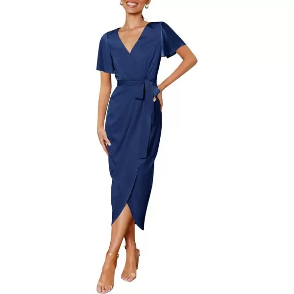 imageZESICA Womens 2023 Summer Bodycon Dress Satin V Neck Short Sleeve Ruched Tie Waist Wrap Split Cocktail Party Midi DressesNavy