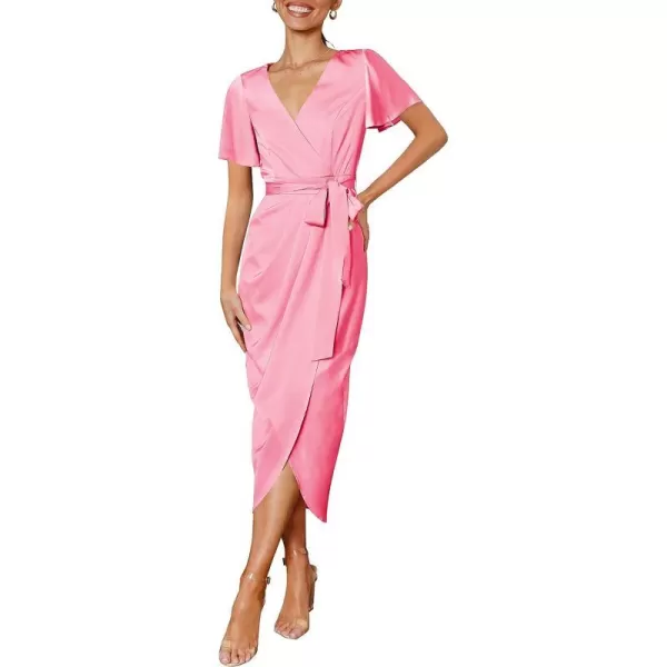 imageZESICA Womens 2023 Summer Bodycon Dress Satin V Neck Short Sleeve Ruched Tie Waist Wrap Split Cocktail Party Midi DressesPink