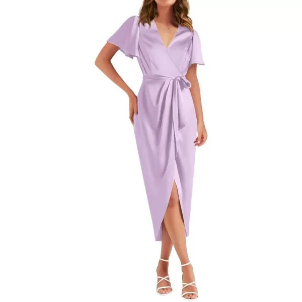 imageZESICA Womens 2023 Summer Bodycon Dress Satin V Neck Short Sleeve Ruched Tie Waist Wrap Split Cocktail Party Midi DressesPurple