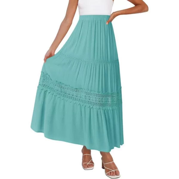imageZESICA Womens 2023 Summer Bohemian Solid Color Lace Trim Flowy A Line Beach Long Maxi Skirt with PocketsAqua