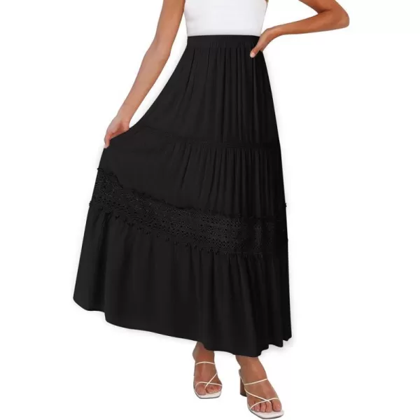 imageZESICA Womens 2023 Summer Bohemian Solid Color Lace Trim Flowy A Line Beach Long Maxi Skirt with PocketsBlack