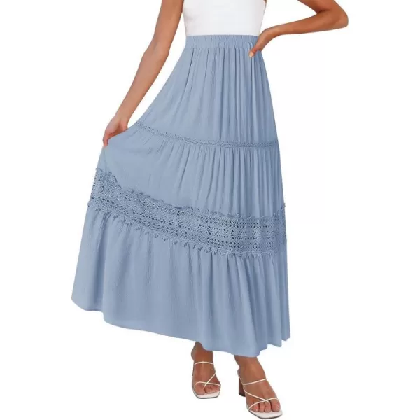 imageZESICA Womens 2023 Summer Bohemian Solid Color Lace Trim Flowy A Line Beach Long Maxi Skirt with PocketsBlue