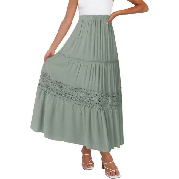 imageZESICA Womens 2023 Summer Bohemian Solid Color Lace Trim Flowy A Line Beach Long Maxi Skirt with PocketsLightgreen