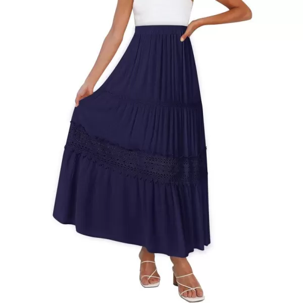 imageZESICA Womens 2023 Summer Bohemian Solid Color Lace Trim Flowy A Line Beach Long Maxi Skirt with PocketsNavy