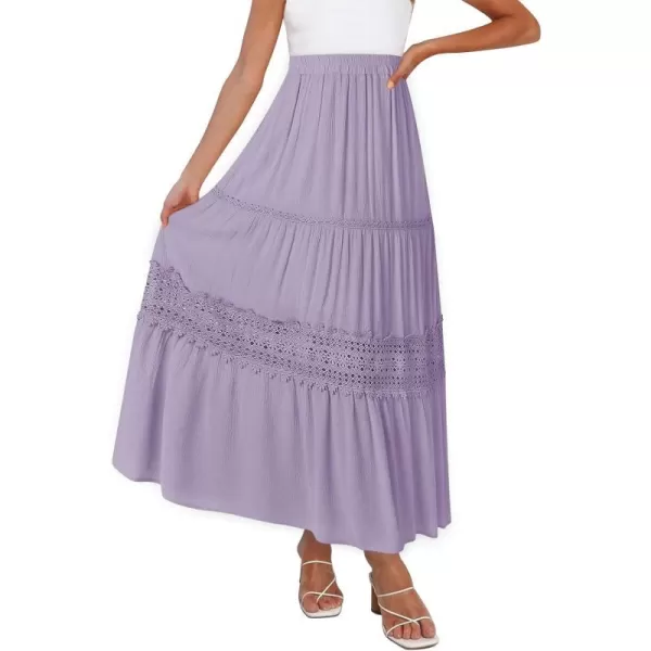 imageZESICA Womens 2023 Summer Bohemian Solid Color Lace Trim Flowy A Line Beach Long Maxi Skirt with PocketsPurple