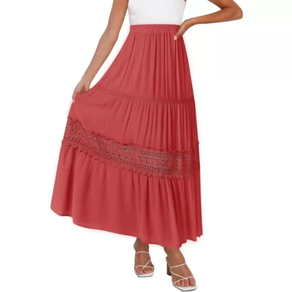 imageZESICA Womens 2023 Summer Bohemian Solid Color Lace Trim Flowy A Line Beach Long Maxi Skirt with PocketsWatermelon