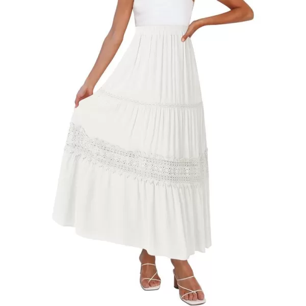 imageZESICA Womens 2023 Summer Bohemian Solid Color Lace Trim Flowy A Line Beach Long Maxi Skirt with PocketsWhite
