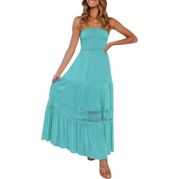 imageZESICA Womens 2023 Summer Bohemian Strapless Off Shoulder Lace Trim Backless Flowy A Line Beach Long Maxi DressAqua