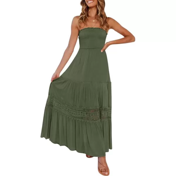 imageZESICA Womens 2023 Summer Bohemian Strapless Off Shoulder Lace Trim Backless Flowy A Line Beach Long Maxi DressArmygreen