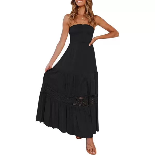 imageZESICA Womens 2023 Summer Bohemian Strapless Off Shoulder Lace Trim Backless Flowy A Line Beach Long Maxi DressBlack
