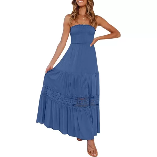 imageZESICA Womens 2023 Summer Bohemian Strapless Off Shoulder Lace Trim Backless Flowy A Line Beach Long Maxi DressBlue