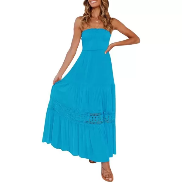 imageZESICA Womens 2023 Summer Bohemian Strapless Off Shoulder Lace Trim Backless Flowy A Line Beach Long Maxi DressCobalt