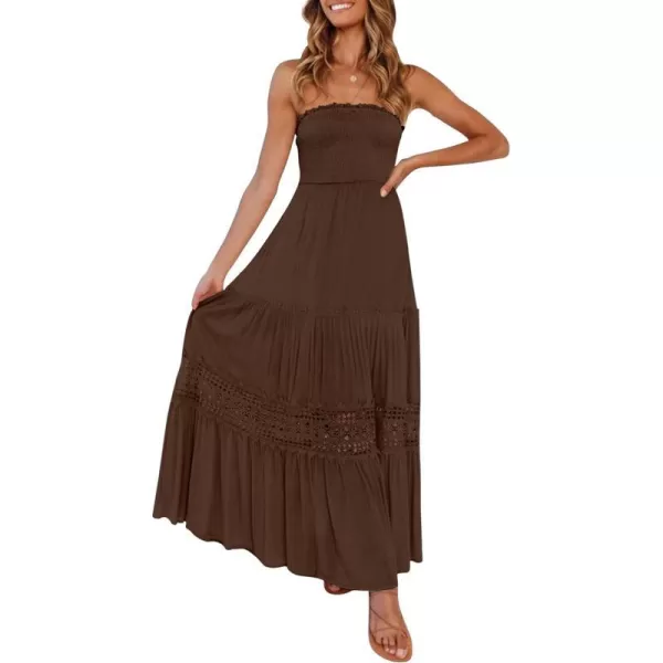 imageZESICA Womens 2023 Summer Bohemian Strapless Off Shoulder Lace Trim Backless Flowy A Line Beach Long Maxi DressCoffee