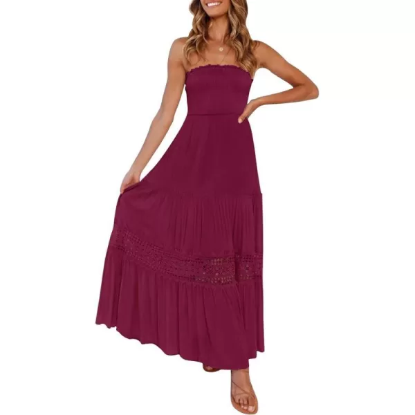 imageZESICA Womens 2023 Summer Bohemian Strapless Off Shoulder Lace Trim Backless Flowy A Line Beach Long Maxi DressFuchsia