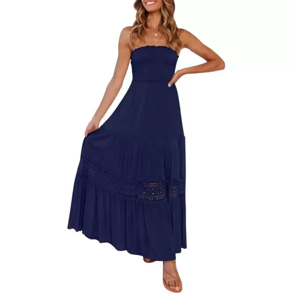 imageZESICA Womens 2023 Summer Bohemian Strapless Off Shoulder Lace Trim Backless Flowy A Line Beach Long Maxi DressNavy