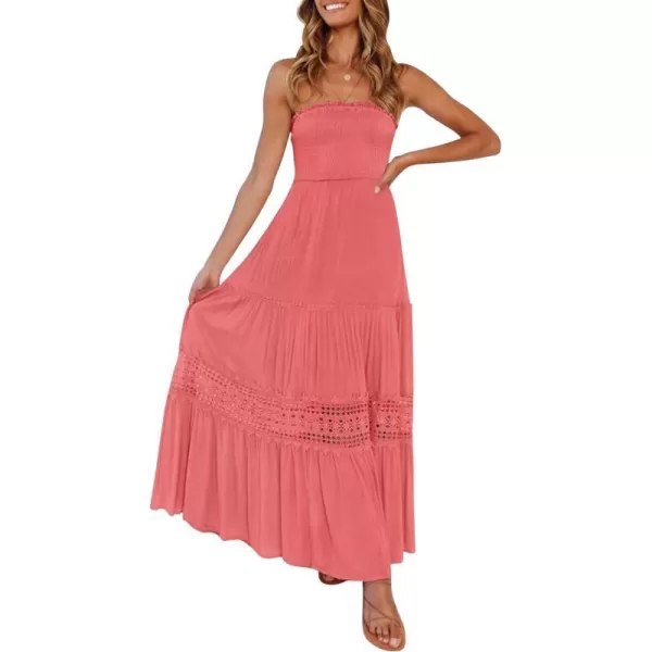 imageZESICA Womens 2023 Summer Bohemian Strapless Off Shoulder Lace Trim Backless Flowy A Line Beach Long Maxi DressPeach
