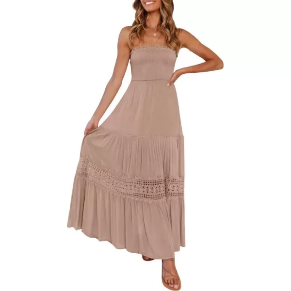 imageZESICA Womens 2023 Summer Bohemian Strapless Off Shoulder Lace Trim Backless Flowy A Line Beach Long Maxi DressPink