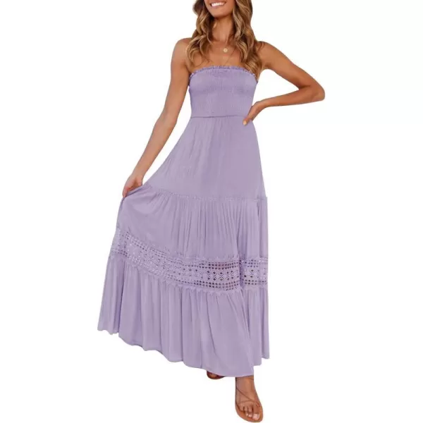 imageZESICA Womens 2023 Summer Bohemian Strapless Off Shoulder Lace Trim Backless Flowy A Line Beach Long Maxi DressPurple