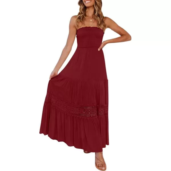 imageZESICA Womens 2023 Summer Bohemian Strapless Off Shoulder Lace Trim Backless Flowy A Line Beach Long Maxi DressRed