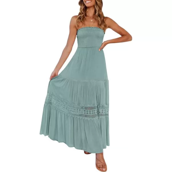 imageZESICA Womens 2023 Summer Bohemian Strapless Off Shoulder Lace Trim Backless Flowy A Line Beach Long Maxi DressSage