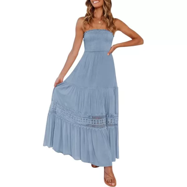 imageZESICA Womens 2023 Summer Bohemian Strapless Off Shoulder Lace Trim Backless Flowy A Line Beach Long Maxi DressSkyblue