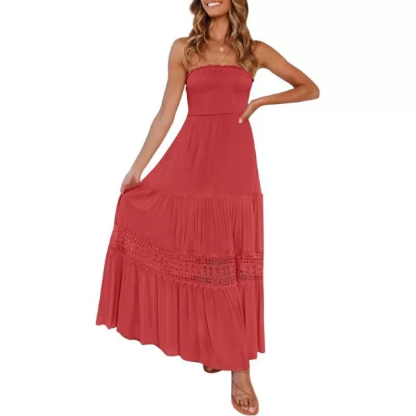 imageZESICA Womens 2023 Summer Bohemian Strapless Off Shoulder Lace Trim Backless Flowy A Line Beach Long Maxi DressWatermelon