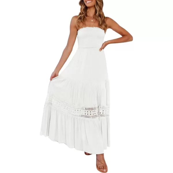 imageZESICA Womens 2023 Summer Bohemian Strapless Off Shoulder Lace Trim Backless Flowy A Line Beach Long Maxi DressWhite