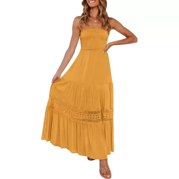 imageZESICA Womens 2023 Summer Bohemian Strapless Off Shoulder Lace Trim Backless Flowy A Line Beach Long Maxi DressYellow