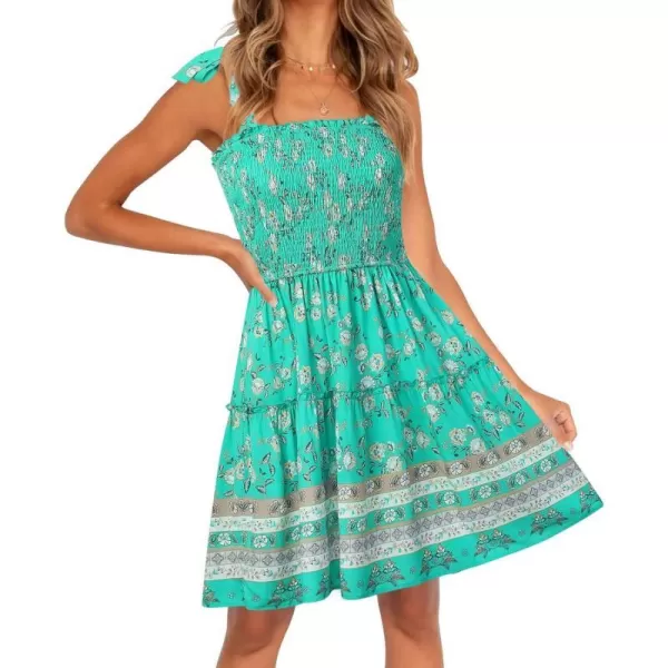 imageZESICA Womens 2023 Summer Boho Floral Printed Spaghetti Strap Square Neck Ruffle A Line Swing Beach Mini DressAqua