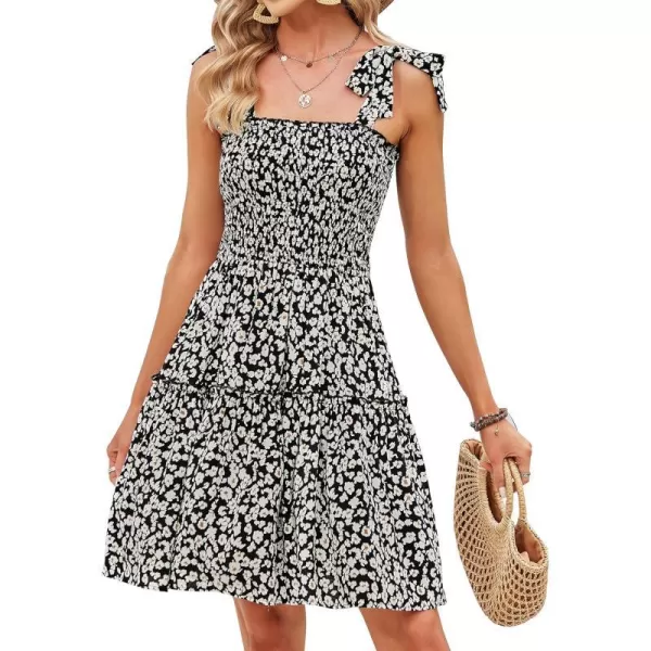 imageZESICA Womens 2023 Summer Boho Floral Printed Spaghetti Strap Square Neck Ruffle A Line Swing Beach Mini DressBlack