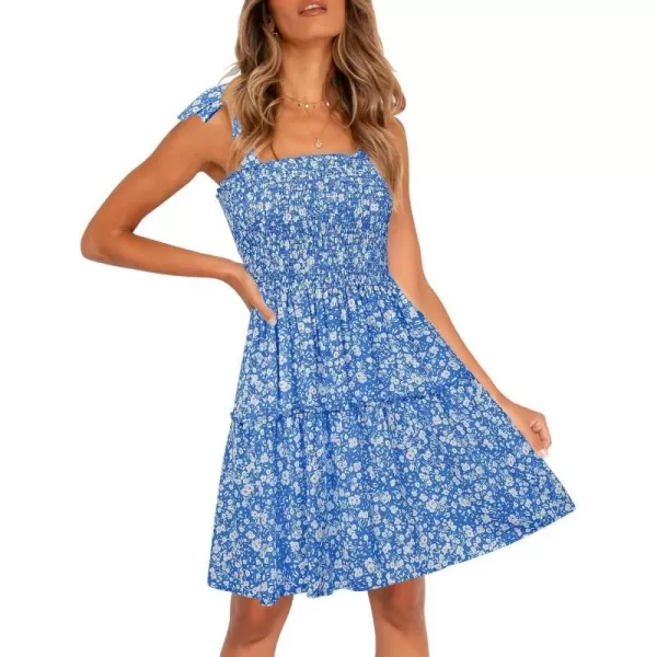imageZESICA Womens 2023 Summer Boho Floral Printed Spaghetti Strap Square Neck Ruffle A Line Swing Beach Mini DressBlue