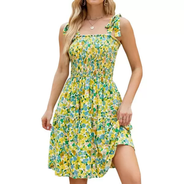 imageZESICA Womens 2023 Summer Boho Floral Printed Spaghetti Strap Square Neck Ruffle A Line Swing Beach Mini DressChartreuse