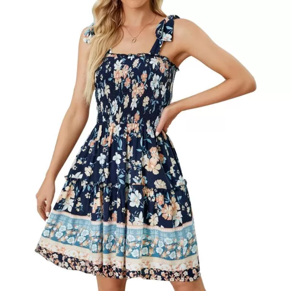 imageZESICA Womens 2023 Summer Boho Floral Printed Spaghetti Strap Square Neck Ruffle A Line Swing Beach Mini DressDarkblue
