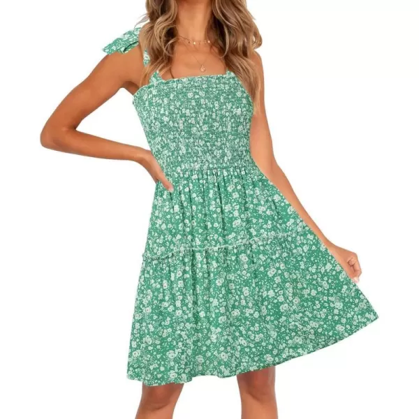 imageZESICA Womens 2023 Summer Boho Floral Printed Spaghetti Strap Square Neck Ruffle A Line Swing Beach Mini DressGreen