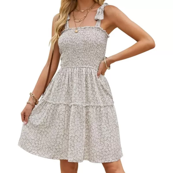 imageZESICA Womens 2023 Summer Boho Floral Printed Spaghetti Strap Square Neck Ruffle A Line Swing Beach Mini DressLightkhaki