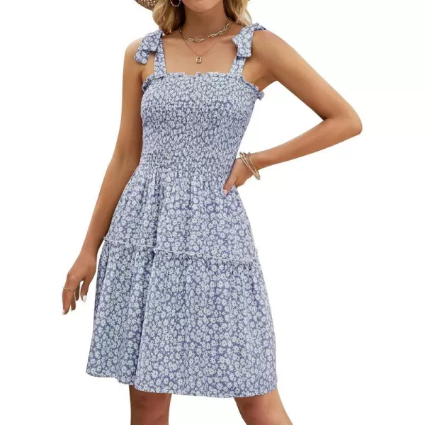 imageZESICA Womens 2023 Summer Boho Floral Printed Spaghetti Strap Square Neck Ruffle A Line Swing Beach Mini DressMidblue